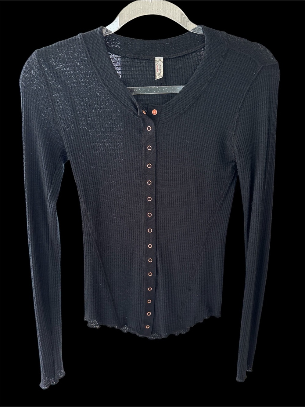 Free People Black Waffle Knit Snap-Front Long Sleeve Top